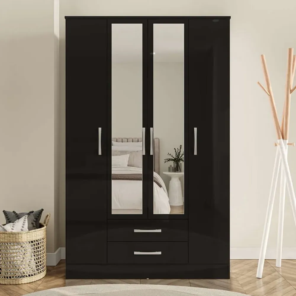 Lynn 4-Door Wardrobe with Storage - Black, High Gloss