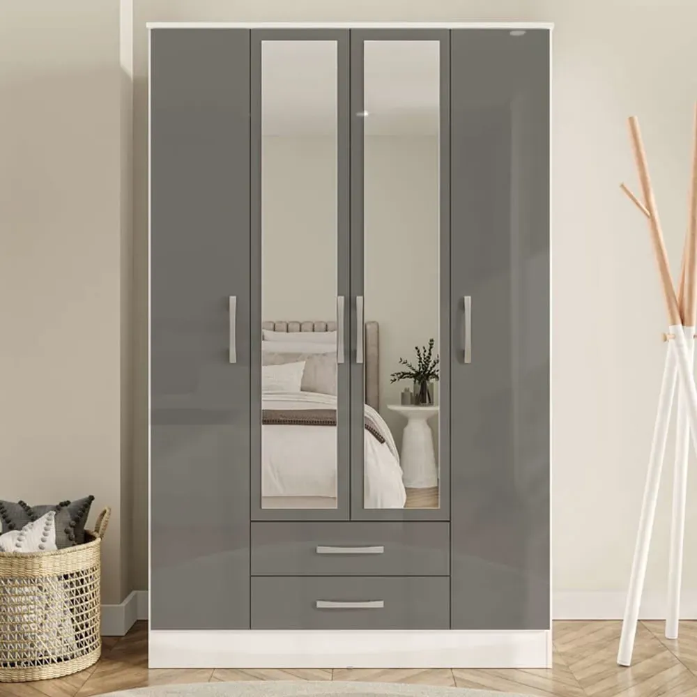 Lynn 4-Door Wardrobe with Storage - Grey, High Gloss