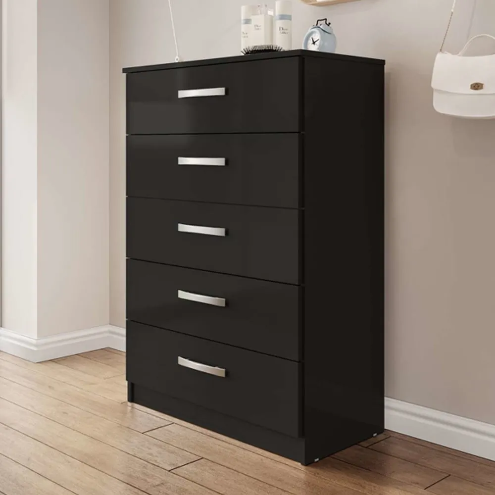 Lynn 5-Drawer Chest of Drawers - Black, High Gloss