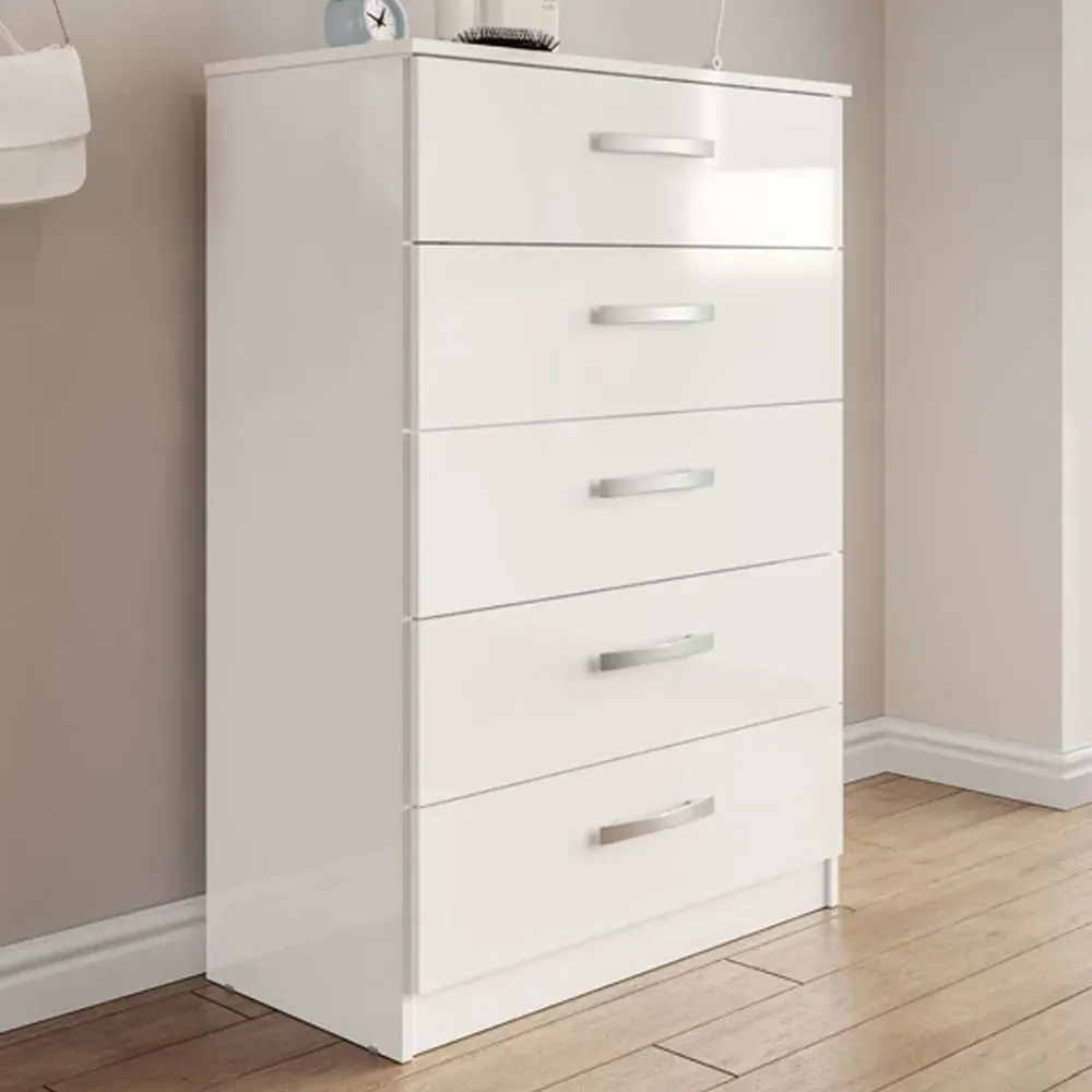 Lynn 5-Drawer Chest of Drawers - White, High Gloss