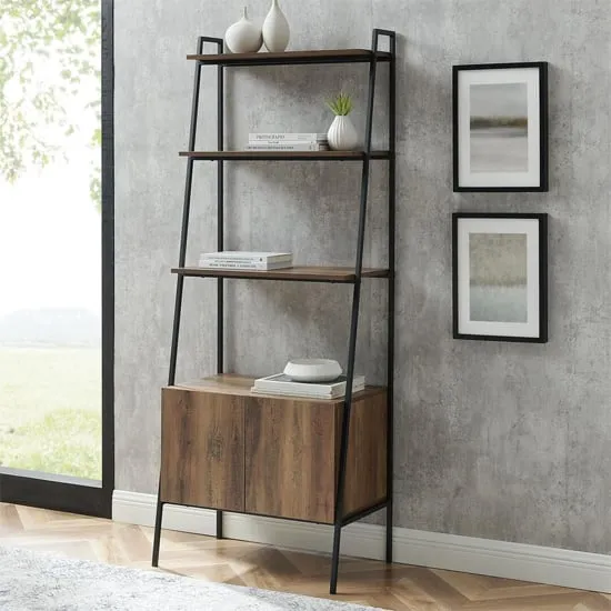 Lynn Ladder Bookcase with Cabinet - Barnwood, Metal image