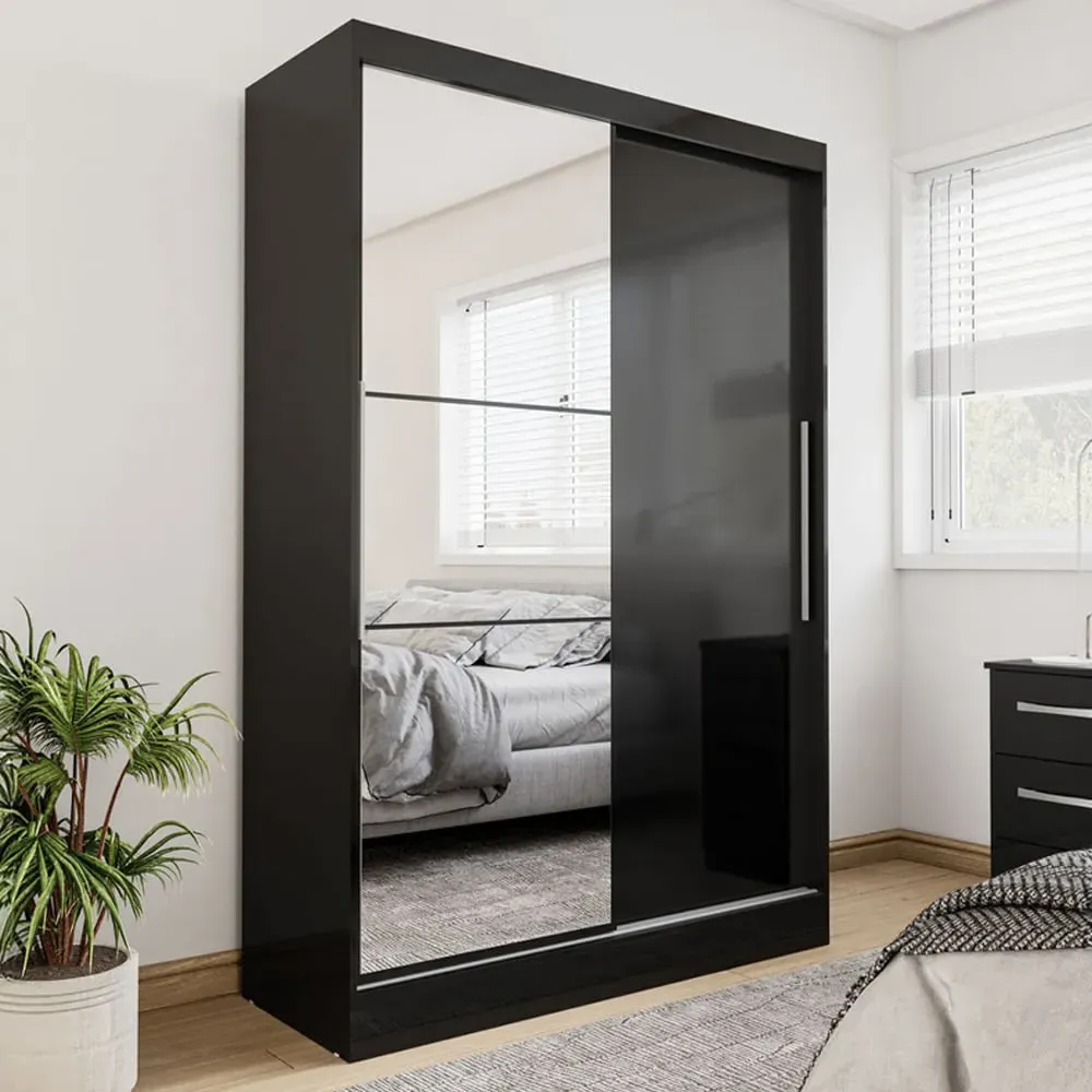 Lynn Mirrored Wardrobe with Sliding Doors - Black, High Gloss