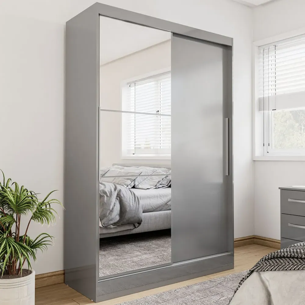 Lynn Mirrored Wardrobe with Sliding Doors - Grey, High Gloss