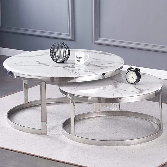 Macall Set of 2 Coffee Tables - White Marble Effect, Stainless Steel product