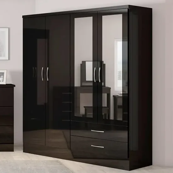 Mack 4-Door Wardrobe with Drawers - Black, Wood