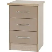 Mack Bedside Cabinet with 3 Drawers - Oyster Gloss, Oak