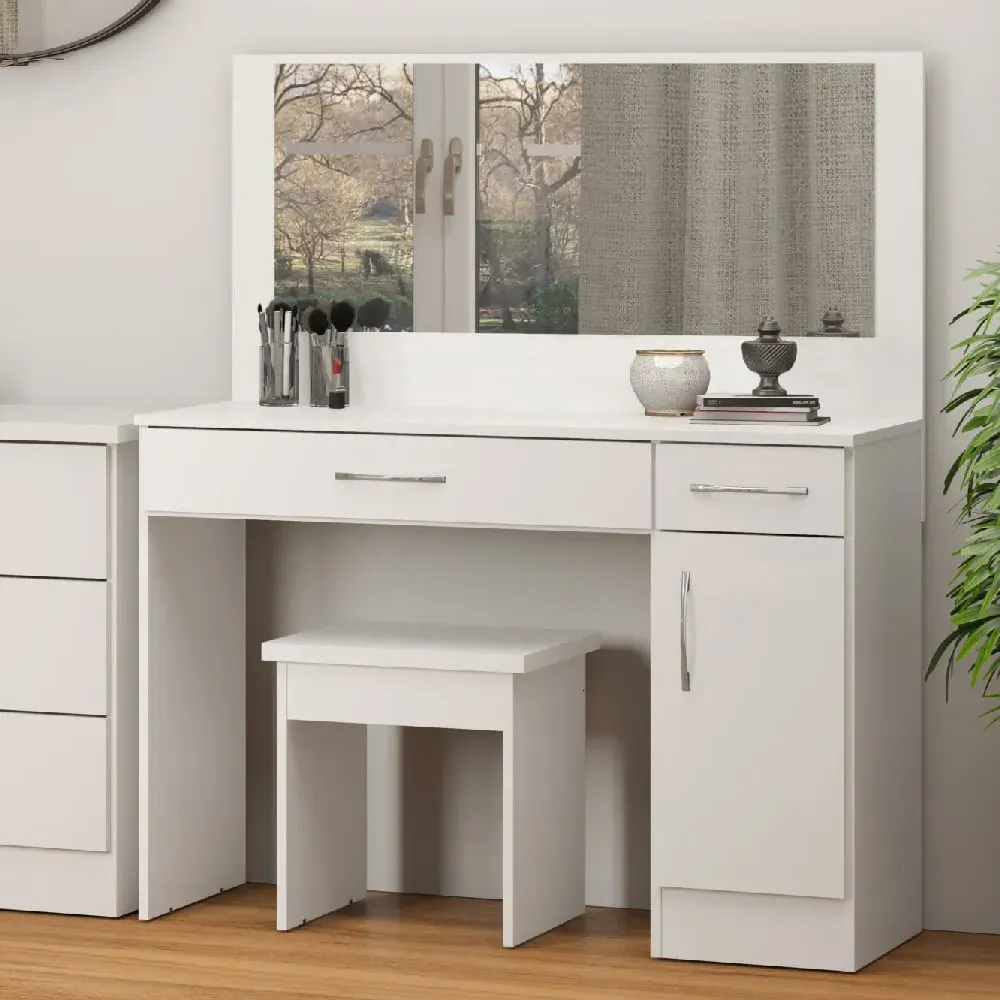 Mack Dressing Table Set with Gloss Front - White, Wood