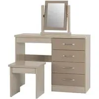 Mack Dressing Table Set with Mirror and Stool - Oak, Oyster Gloss