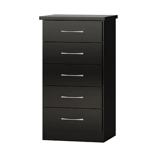 Mack Narrow Chest of 5 Drawers - Black Gloss, Wood
