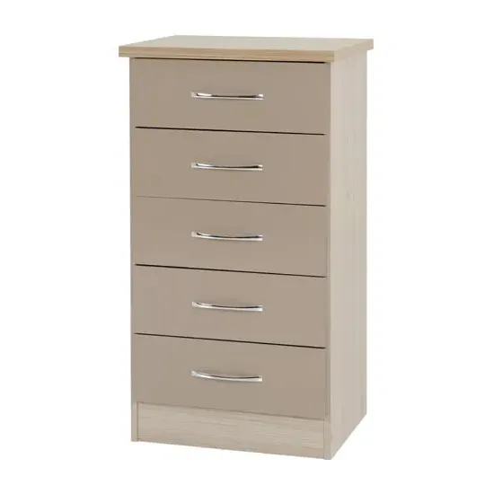 Mack Narrow Chest of 5 Drawers - Oyster Gloss, Oak
