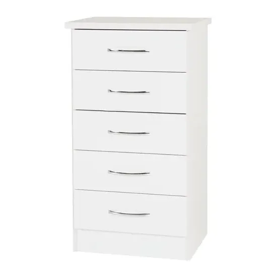 Mack Narrow Chest of 5 Drawers - White Gloss, Oak