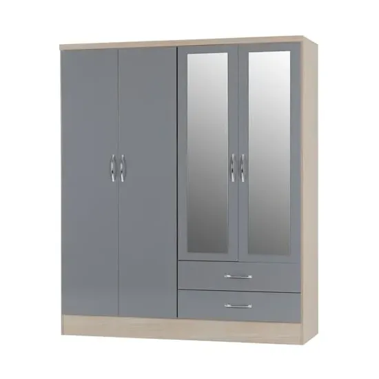 Mack Oak 4-Door Wardrobe - Grey, Oak
