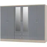 Mack Oak 6-Door Wardrobe - Grey, Oak