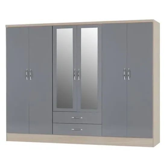Mack Oak 6-Door Wardrobe - Grey, Oak