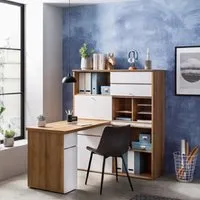 Macon Corner Computer Desk with Bookcase - Oak, White