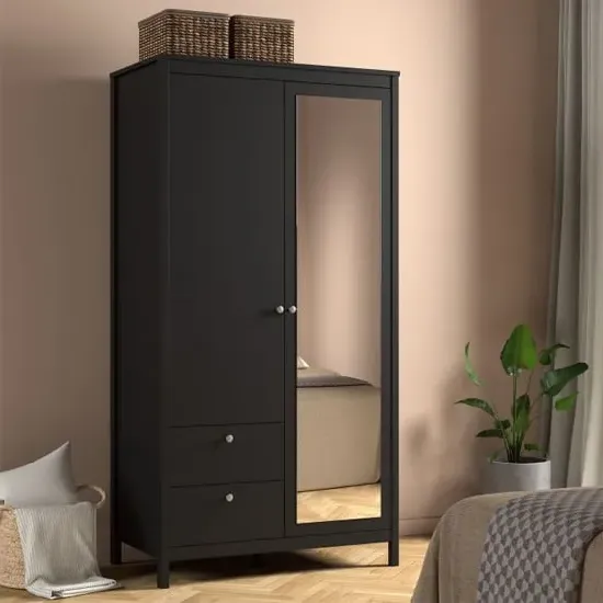 Macron 2-Door Mirrored Wardrobe with Drawers - Black