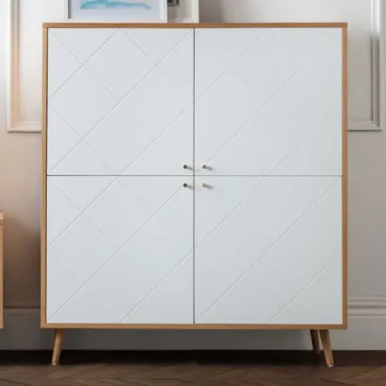 Madra Wooden Highboard with 4 Doors - White, Oak Effect