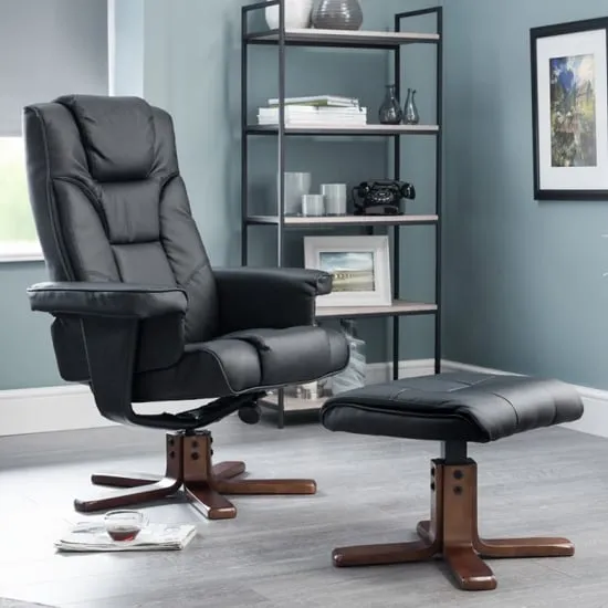 Maeryn Swivel Recliner Chair with Footstool - Black, Faux Leather