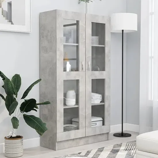 Maili Tall Display Cabinet with 2 Doors - Concrete Effect, Engineered Wood