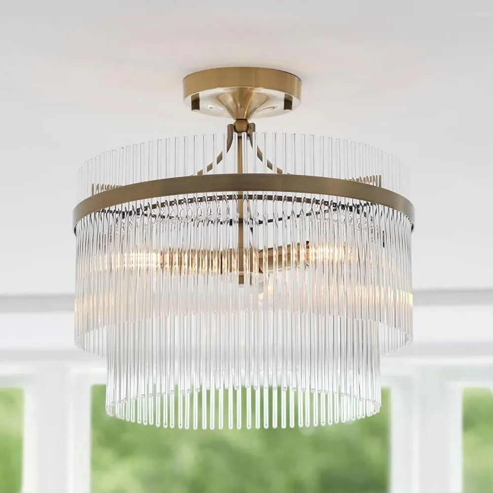 Mainz 3 Light Semi Flush Ceiling Light - Antique Brass, Glass image