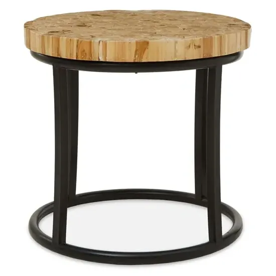 Malign Round Side Table - Natural Teak, Black Metal