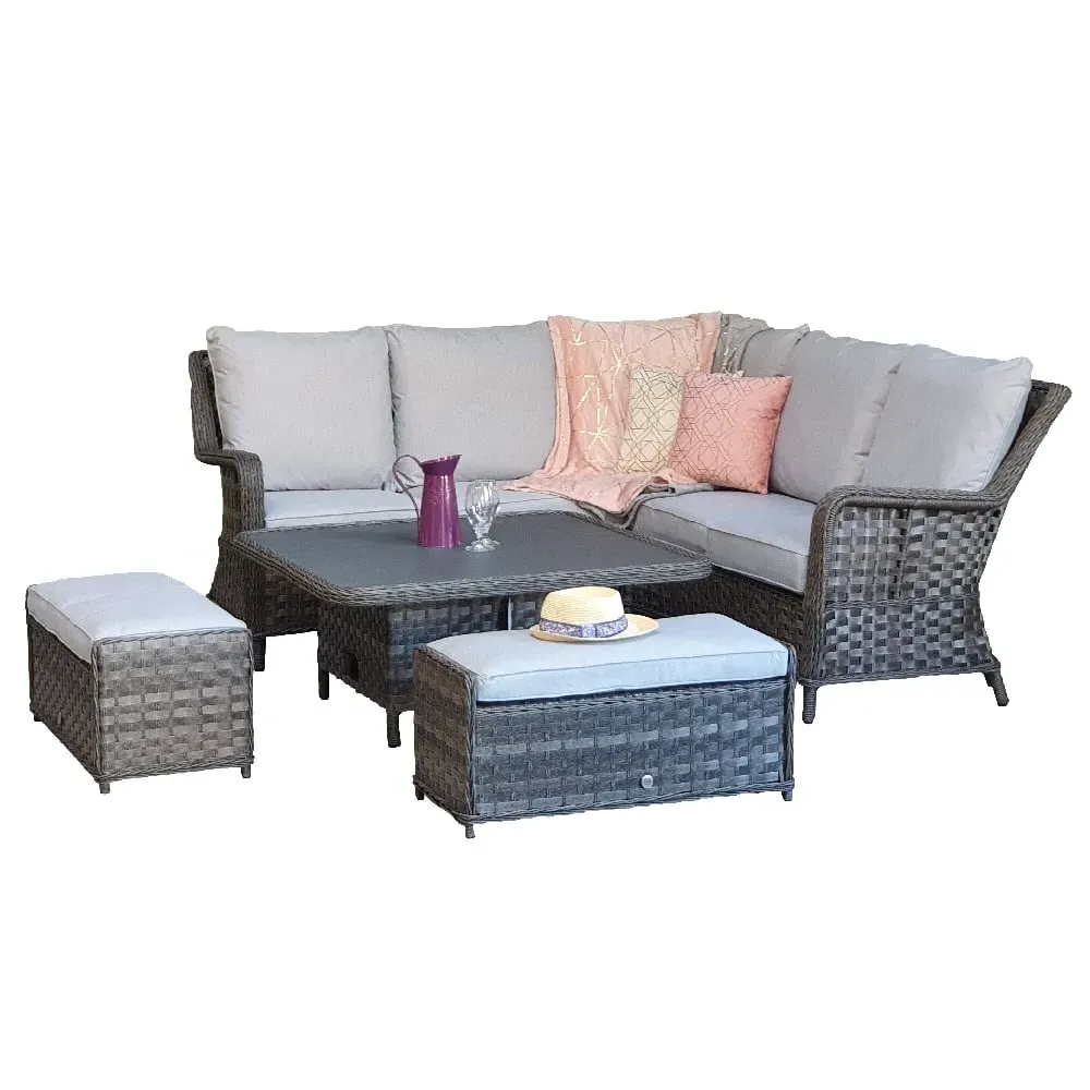 Malti Glass Top Garden Lift Up Dining Set with 2 Ottomans - Grey