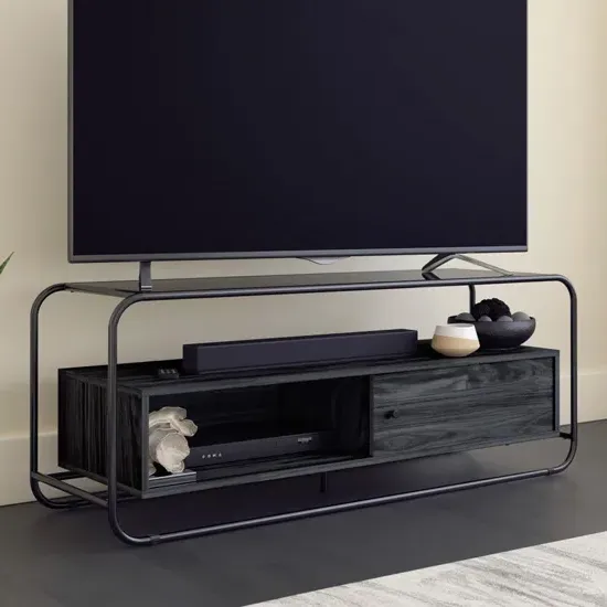 Manawa TV Stand with Sliding Door - Black Glass, Misted Elm product