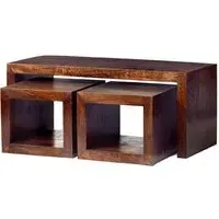 Mango Wood John Long Coffee Table with 2 Cube Stools