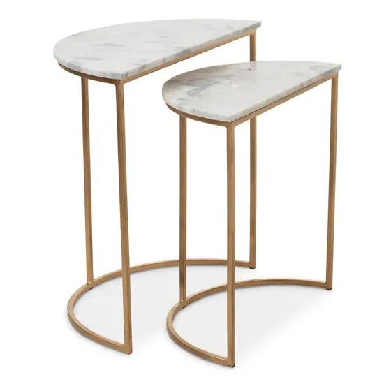 Mania Round Nest of 2 Tables - White Marble, Gold Metal