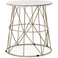 Mania Round Side Table - White Marble, Gold Metal