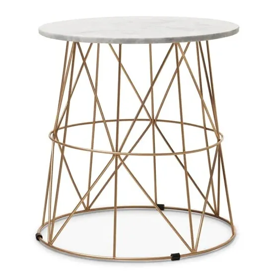 Mania Round Side Table - White Marble, Gold Metal