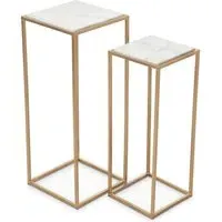 Mania Square Nest of 2 Tables - White Marble, Gold Metal
