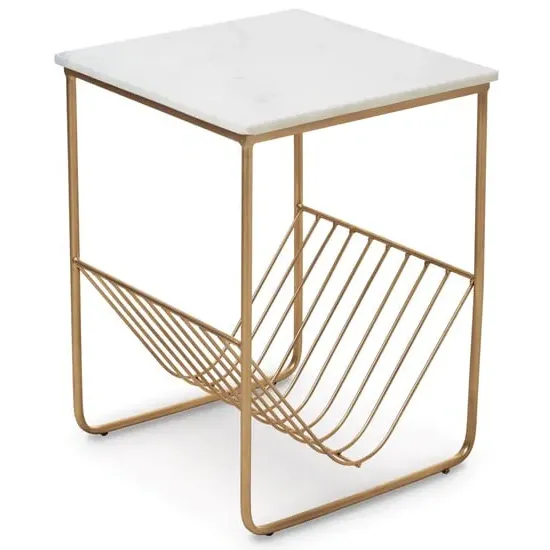 Mania Square Side Table - White Marble, Gold Metal