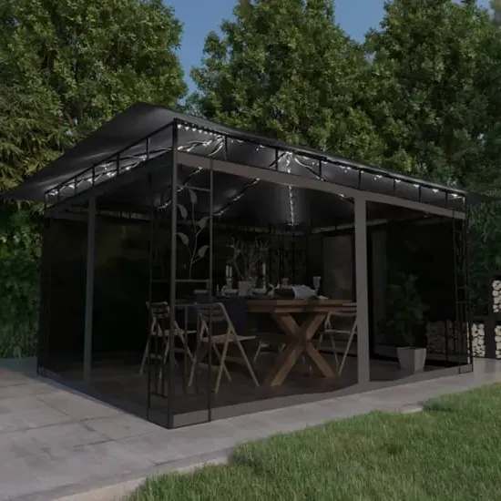 Marcel 4m x 3m Gazebo with Net and LED Lights - Anthracite