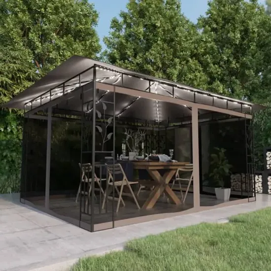 Marcel 4m x 3m Gazebo with Net and LED Lights - Taupe