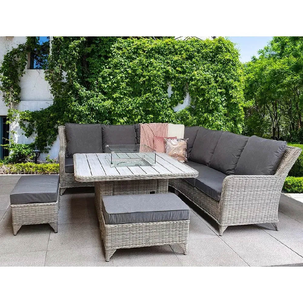 Maree Rattan Garden Corner Dining Set with Firepit - Grey