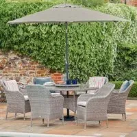 Marfa Glass Top 6-Seater Garden Dining Set with Parasol - Stone