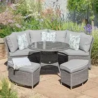 Marfa Glass Top Curved Garden Dining Set with 2 Footstools - Stone