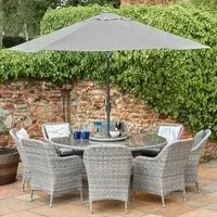 Marfa Glass Top Garden 8 Seater Dining Set with Parasol - Stone