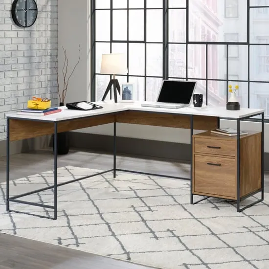 Marietta L-Shaped Laptop Desk with Drawer - Sindoori Mango, White