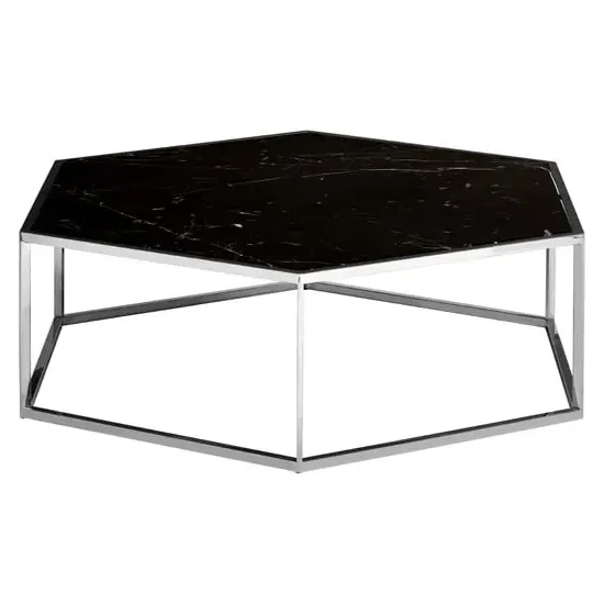 Markeb Hexagonal Coffee Table - Black Marble, Silver Steel