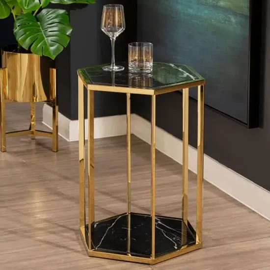 Markeb Hexagonal End Table - Black Marble, Gold Steel image