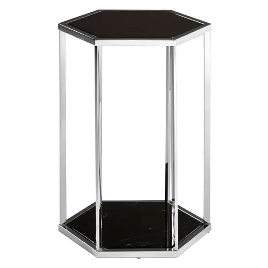 Markeb Hexagonal End Table - Black Marble, Silver Steel