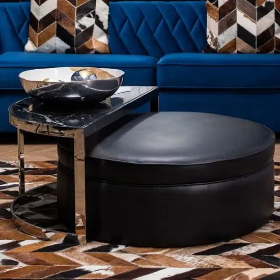 Markeb Semicircular Coffee Table with Stool - Black, Marble image