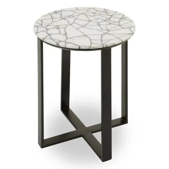 Marmora Side Table with Black Metal Base - White, Marble