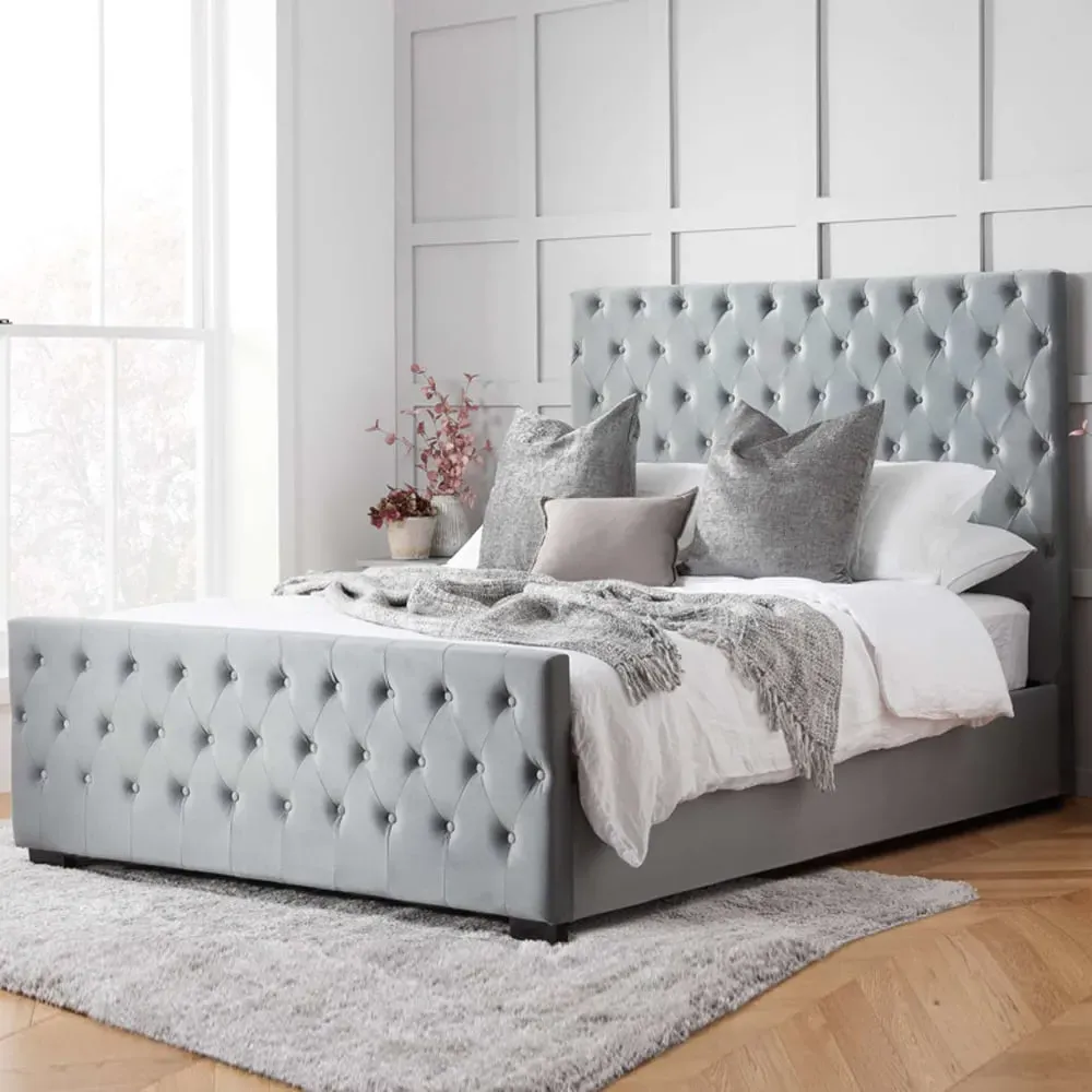 Marquise Double Bed Frame with Button-Tufted Headboard - Grey, Fabric