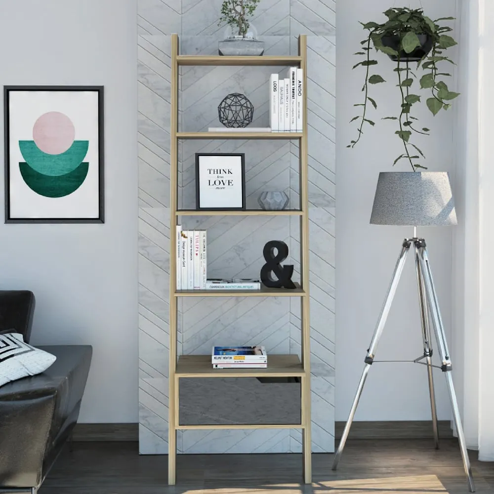 Marsett Wooden Bookcase with Drawer - Oak, Grey image