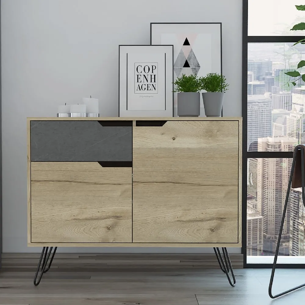 Marsett Wooden Sideboard with 3 Drawers - Oak, Grey