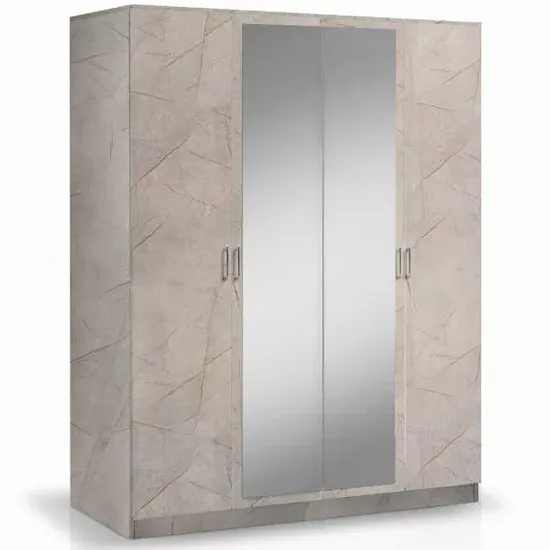 Mayon Mirrored 4 Door Wardrobe - Grey Marble Effect, MDF