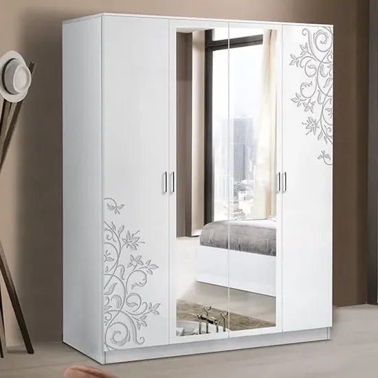Mayon Mirrored 4 Door Wardrobe - White Flower Pattern, MDF